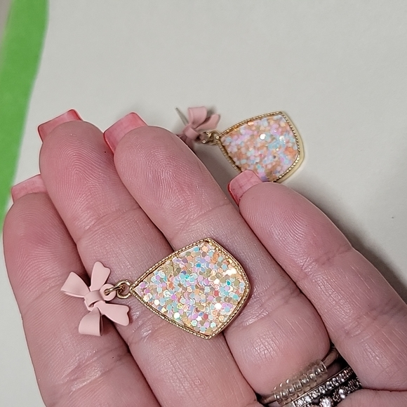 Confetti Shimmer Bow Drop Earrings, S925 - Picture 6 of 7